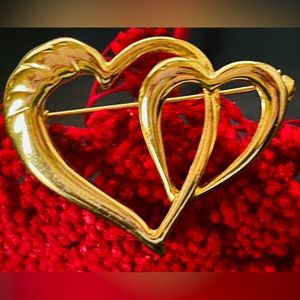 Vintage Double Heart Gold Brooch